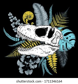 Tyrannosaurus rex skull and palm leaves hand drawn illustration. Tattoo vintage print. Hand drawn floral print. Tattoo design. Jungle print. Tropical illustration.
