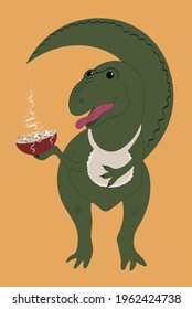 Tyrannosaurus rex standing with a bowl of noodles