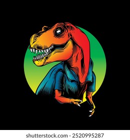 Tyrannosaurus Rex in einem Sommershirt. Original Vektorgrafik im Vintage-Stil. T-Shirt-Design. Handgezeichnet, nicht von AI!