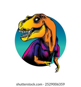 Tyrannosaurus Rex in einem Sommershirt. Original Vektorgrafik im Vintage-Stil. T-Shirt-Design. Handgezeichnet, nicht KI