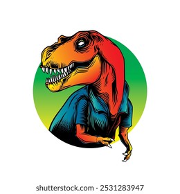 Tyrannosaurus Rex in einem Sommershirt. Original Vektorgrafik im Vintage-Stil. T-Shirt-Design. Handgezeichnet, nicht KI