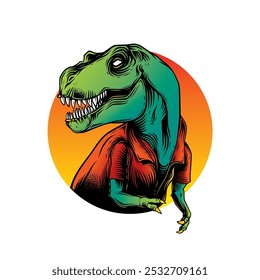 Tyrannosaurus Rex in einem Sommershirt. Original Vektorgrafik im Vintage-Stil. T-Shirt-Design. Handgezeichnet, nicht KI