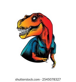 Tyrannosaurus Rex in einem Sommershirt. Original Vektorgrafik im Vintage-Stil. T-Shirt-Design. Handgezeichnet, nicht KI