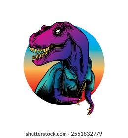 Tyrannosaurus Rex in einem Sommershirt. Original Vektorgrafik im Vintage-Stil. T-Shirt-Design. Handgezeichnet, nicht KI