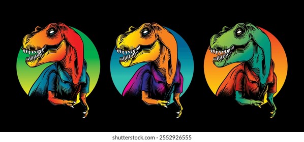 Tyrannosaurus Rex in einem Sommershirt. Original Vektorgrafik im Vintage-Stil. T-Shirt-Design. Handgezeichnet, nicht KI