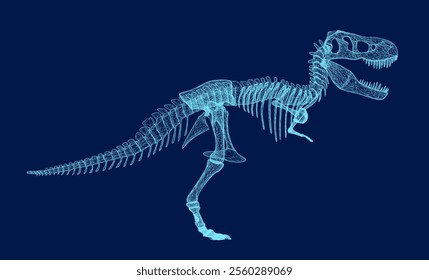 Tyrannosaurus rex or t rex dinosaur outline isolated on blue. Contour style vector illustration. Side view. 3D