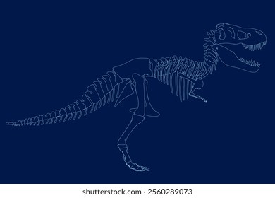 Tyrannosaurus rex or t rex dinosaur outline isolated on blue. Contour style vector illustration. Side view