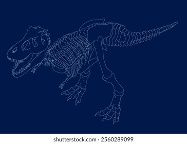 Tyrannosaurus rex or t rex dinosaur outline isolated on blue. Contour style vector illustration. Isometric view