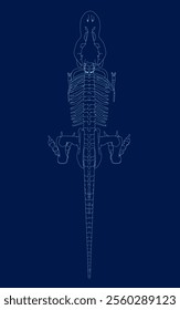 Tyrannosaurus rex or t rex dinosaur outline isolated on blue. Contour style vector illustration. Top view