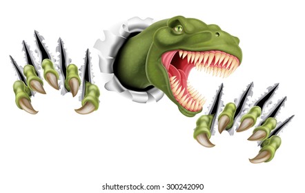 A Tyrannosaurus Rex T Rex dinosaur scratching, ripping and tearing out of the background with its claws
