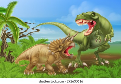 A tyrannosaurus rex or T Rex and triceratops dinosaur fight scene illustration of the two dinosaurs fighting each other