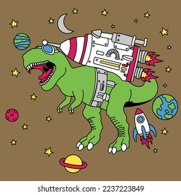 TYRANNOSAURUS REX TRAVELING IN SPACE WITH A ROCKET BELT