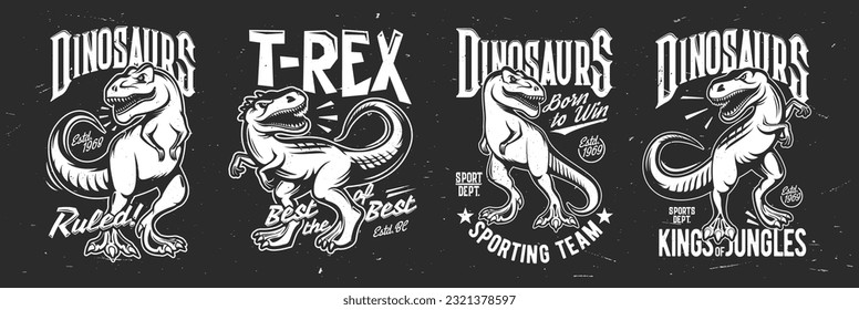 Tyrannosaurus rex, T-rex dinosaur t-shirt print, tattoo or sport club dino mascot, vector badge. Basketball, baseball or soccer sport emblems of T-rex tyrannosaurus for college club and league team