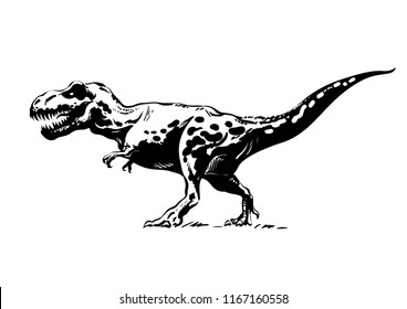 Tyrannosaurus Rex. T-rex walking and roaring. Сarnivorous dinosaur. Hand drawn vector illustration in sketch style isolated on white background.