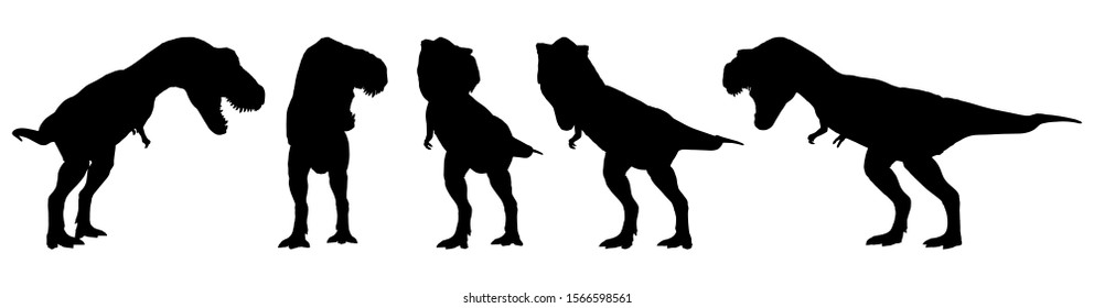 Tyrannosaurus rex ( T-rex ) is walking and snarling . Silhouette design . Set of various dinosaur posture . Vector .