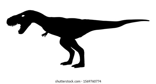 Tyrannosaurus rex ( T-rex ) is walking and snarling . Silhouette design . Side view . Vector .