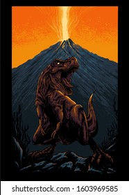 Tyrannosaurus rex volcano vector illustration
