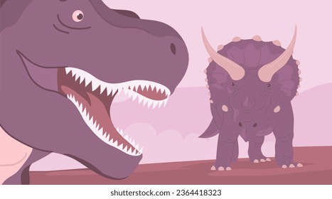 Tyrannosaurus rex vs triceratops. Carnivorous dinosaur. Big lizard of the Jurassic period. Prehistoric animals. Cartoon vector illustration