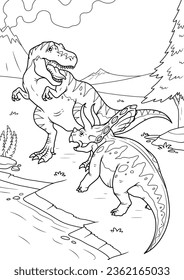 Tyrannosaurus rex vs triceratops Dinosaurier Line Art zum Färben von Seiten Vektorgrafik