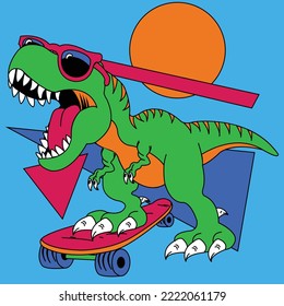 TYRANNOSAURUS REX WEARING SUNGLASSES HOLDING ONE FOOT ON A SKATEBOARD, 