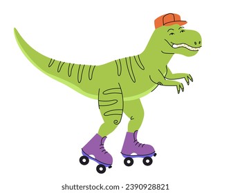 Tyrannosaurus rides roller skates. Funny predator in doodle style.