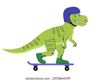 Tyrannosaurus rides a skateboard. Funny predator in doodle style.