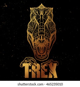 Tyrannosaurus roaring head with t-rex sign. Golden on black.
