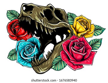 Cráneo de Tyrannosauro con rosas Tattoo diseño de ilustración vectorial