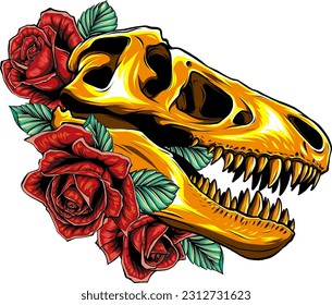 Tyrannosaurus Skull with roses Vector illustration design Tattoo