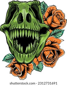 Tyrannosaurus Skull with roses Vector illustration design