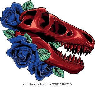 Tyrannosaurus Skull with roses Vector illustration design