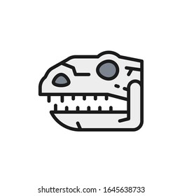 Tyrannosaurus skull, t-rex head, dinosaur bones flat color line icon.