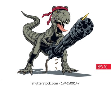 Tyrannosaurus Soldier With Heavy Machine Gun. Vector Illustration.