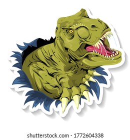 Tyrannosaurus T Rex ripping through a wall on white background. Vector illustration