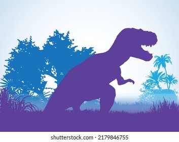 Tyrannosaurus T-rex , Dinosaurs silhouettes in prehistoric environment overlapping layers  decorative background banner abstract vector illustration