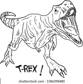 Tyranosaurus T rex raging in handdrawn vitage line art monochrome 
