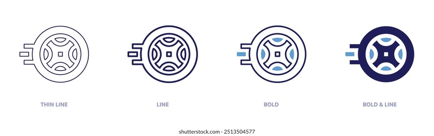 Ícone de alinhamento de pneus em 4 estilos diferentes. Linha fina, Linha, Negrito e Linha Negrito. Estilo duotônico. Traçado editável.