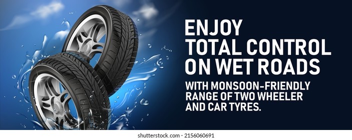 Tyre banner. ENJOY TOTAL CONTROL ON WET ROADS. Car tire background. Vector wheel desidn template. Grunge tire tracks background for landscape poster, digital banner, flyer, booklet, brochure and web.