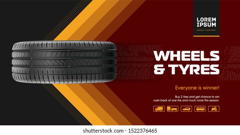 Tyre car advertisement poster. Car tire and track traces. Vector illustration dirty grunge. 3D illustration wheel. Black rubber tire.  Banner. Promo. Information. Store. Action. Car Service. Repair.