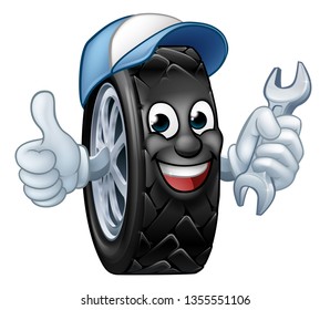 A tyre cartoon car mechanic service mascot holding a spanner and giving a thumbs up