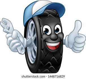 A Tyre Cartoon Car Mechanic Service Mascot Holding A Spanner And Giving A Thumbs Up