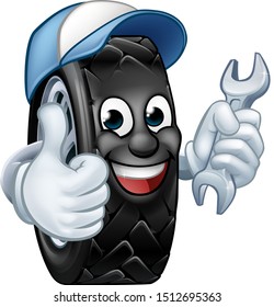 A tyre cartoon car mechanic service mascot holding a spanner and giving a thumbs up