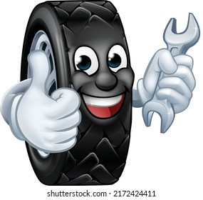 A tyre cartoon car mechanic service mascot holding a spanner and giving a thumbs up