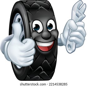 A tyre cartoon car mechanic service mascot holding a spanner and giving a thumbs up
