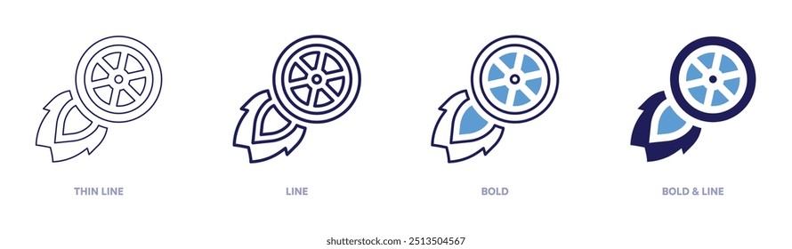 Icono de comparación de neumáticos en 4 estilos diferentes. Línea delgada, línea, negrita y línea negrita. Estilo duotono. Trazo editable.