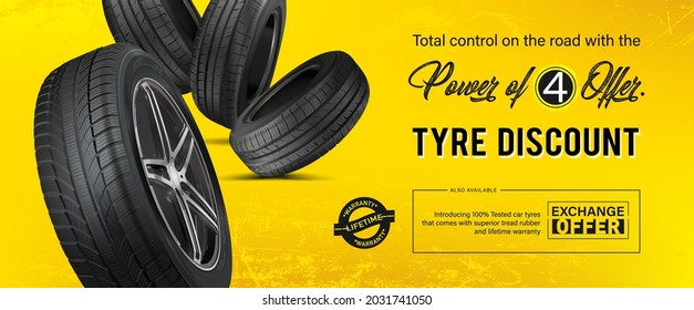 Tyre discount. Advertisement flyer in yellow background. Promo action for buying four car wheels. 