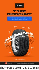 Tyre Discount Poster. Tire Sale out Banner Template. Tyre Shop, Spare Parts and Auto Service promotion.