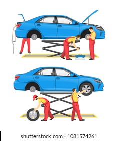 Tyre fitting and automobile review colorful card, blue vehicle on special elevators, professional equipment for car repairing vector illustration