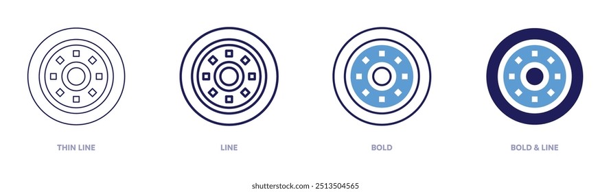 Ícone de ajuste de pneu em 4 estilos diferentes. Linha fina, Linha, Negrito e Linha Negrito. Estilo duotônico. Traçado editável.