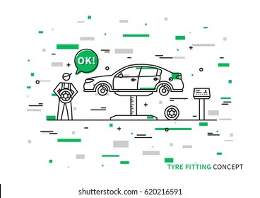 Tyre fitting vector illustration with colorful elements. Tire replacement service line art concept.
